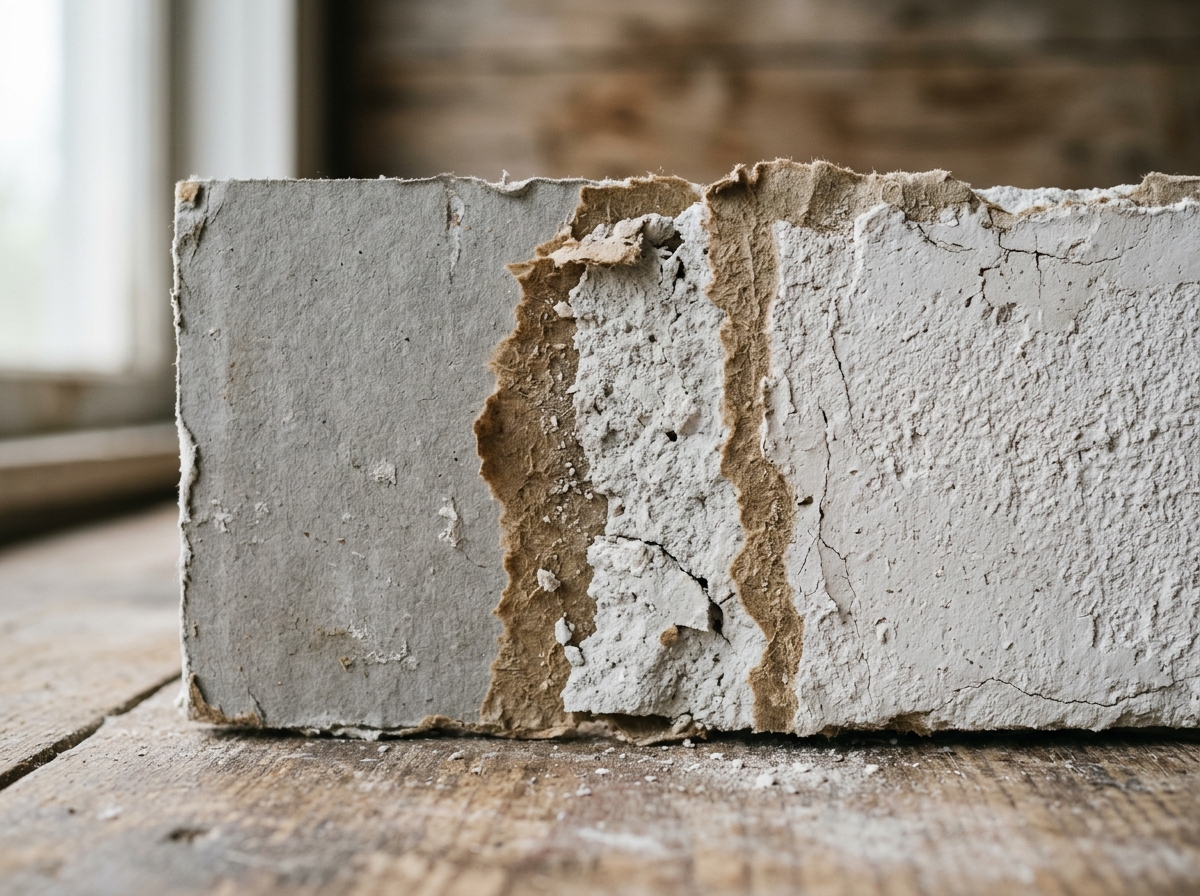 Modern drywall composition showing gypsum core and recycled paper layers.