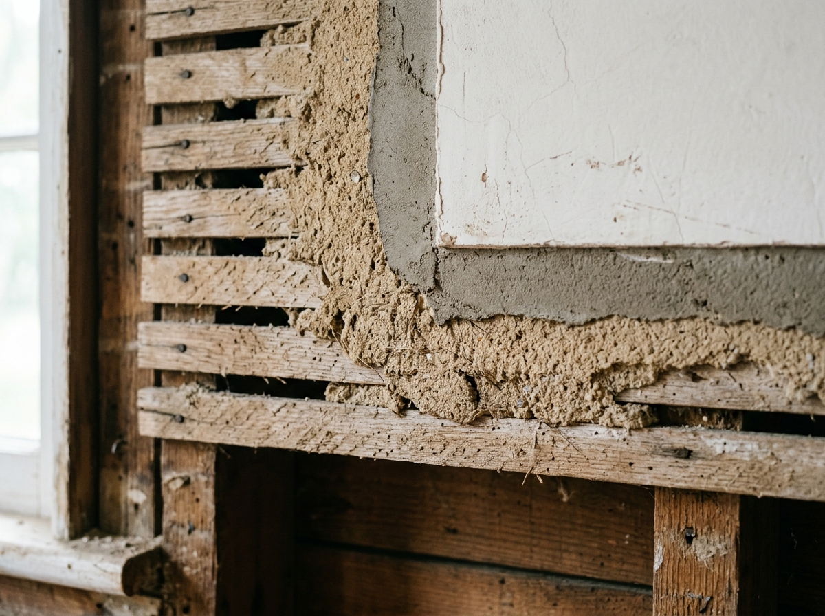 Plaster application process showing scratch coat over wooden lath strips.