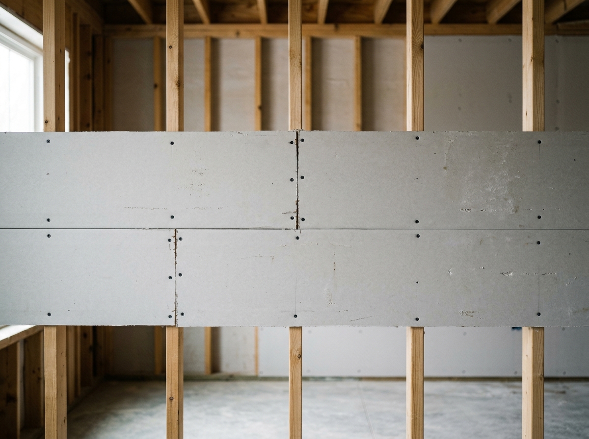Home renovation showing drywall installation and joint compound application.