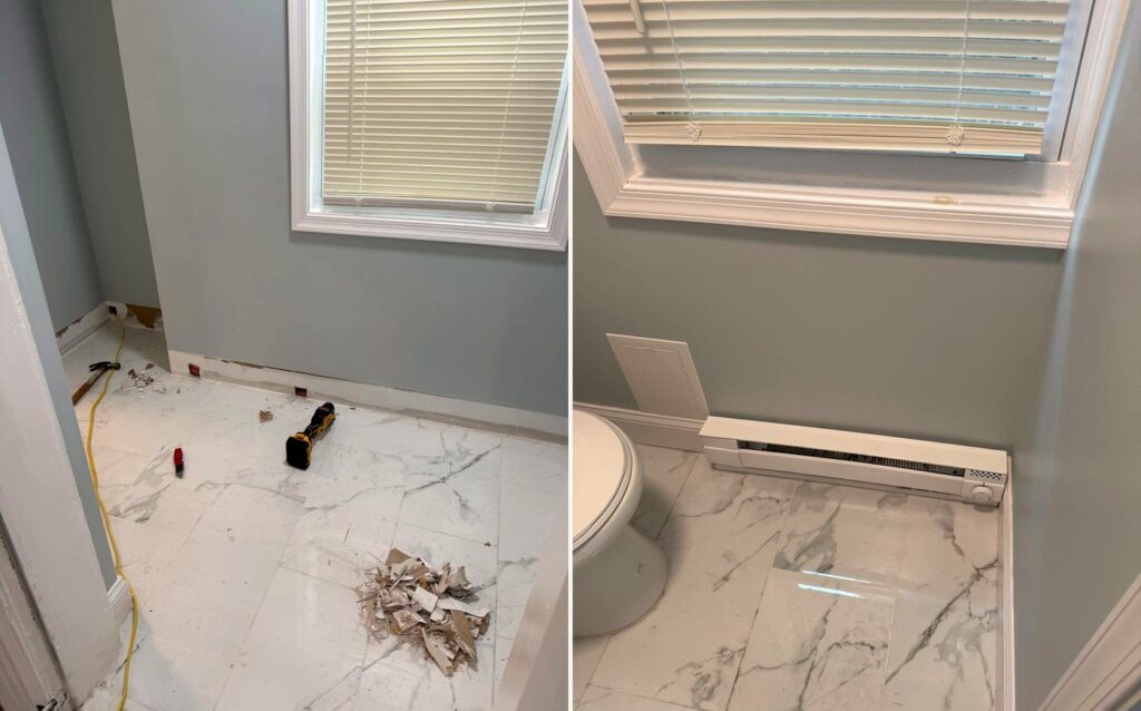 Before and after: old baseboard heater removed and a new one installed, floor swept clean