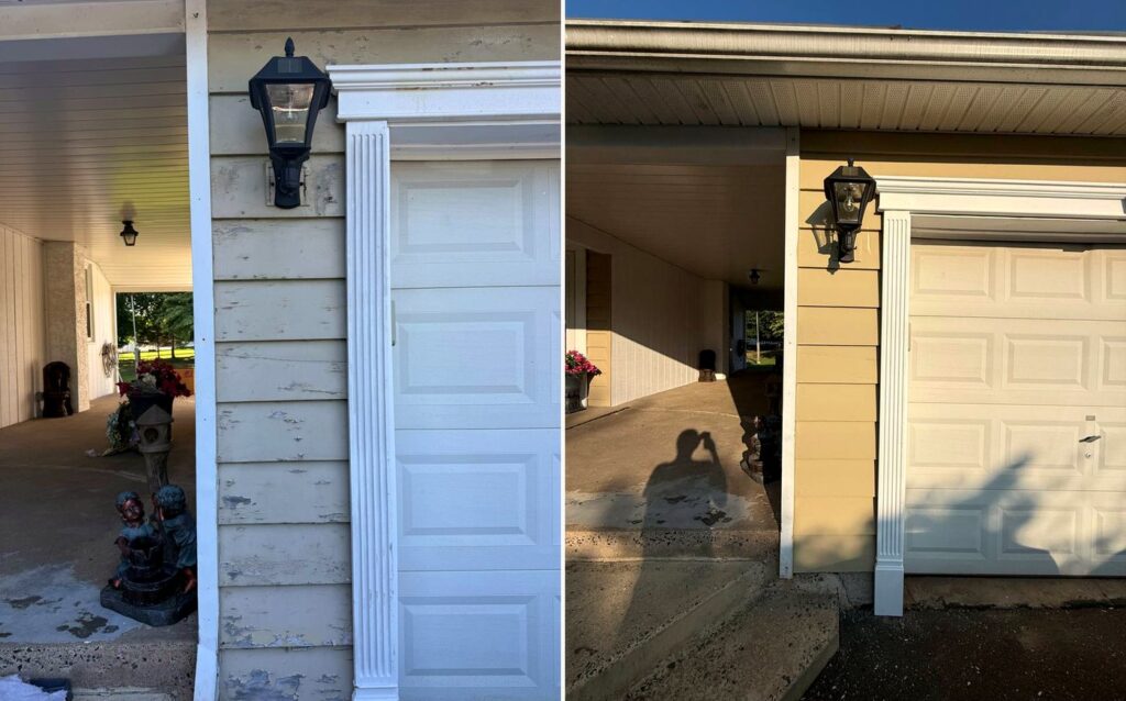 Before and after: peeling exterior siding and trim on a Northeast Philadelphia home, scraped back and repainted
