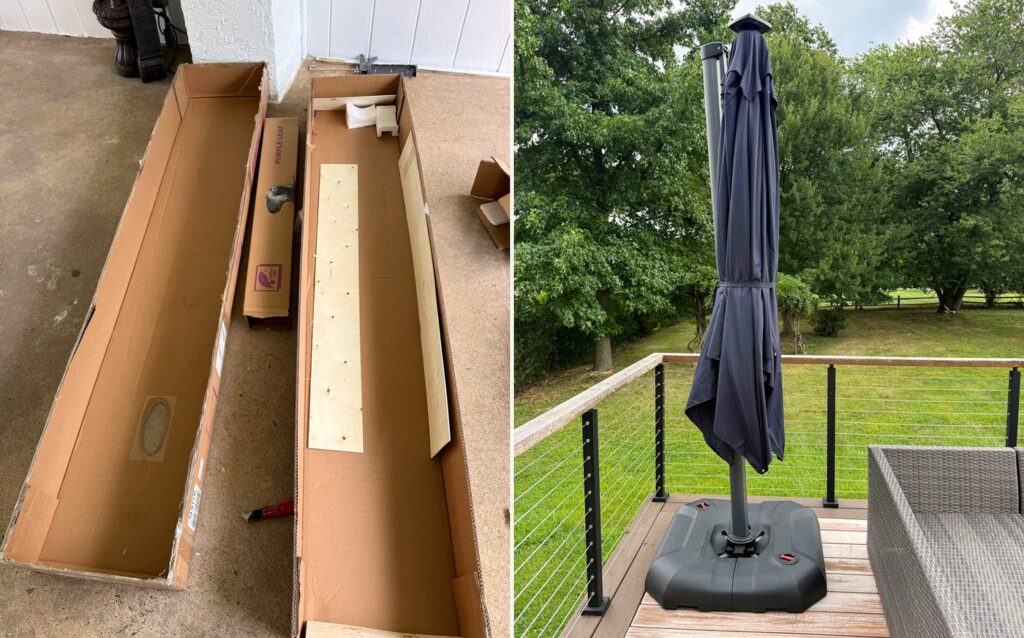 Before and after: flat-pack boxes on the garage floor, then the cantilever patio umbrella assembled and standing on the deck