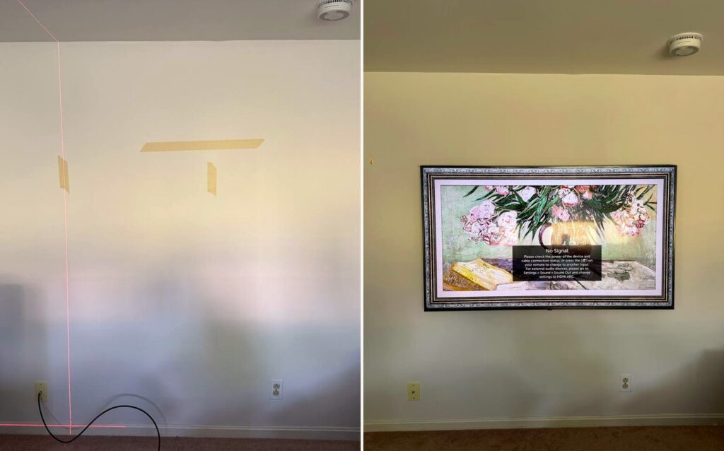 Before and after: bare wall marked out for a TV, then the TV mounted level with every cable hidden inside the wall